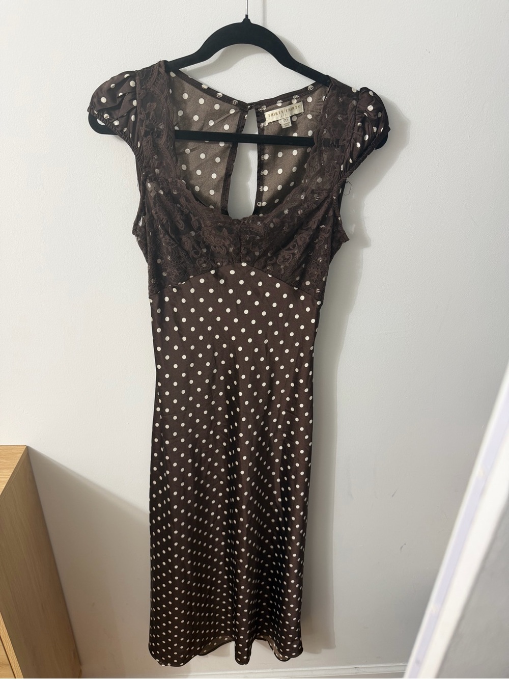 Polka Dot Lace-Trim Midi Dress in Brown